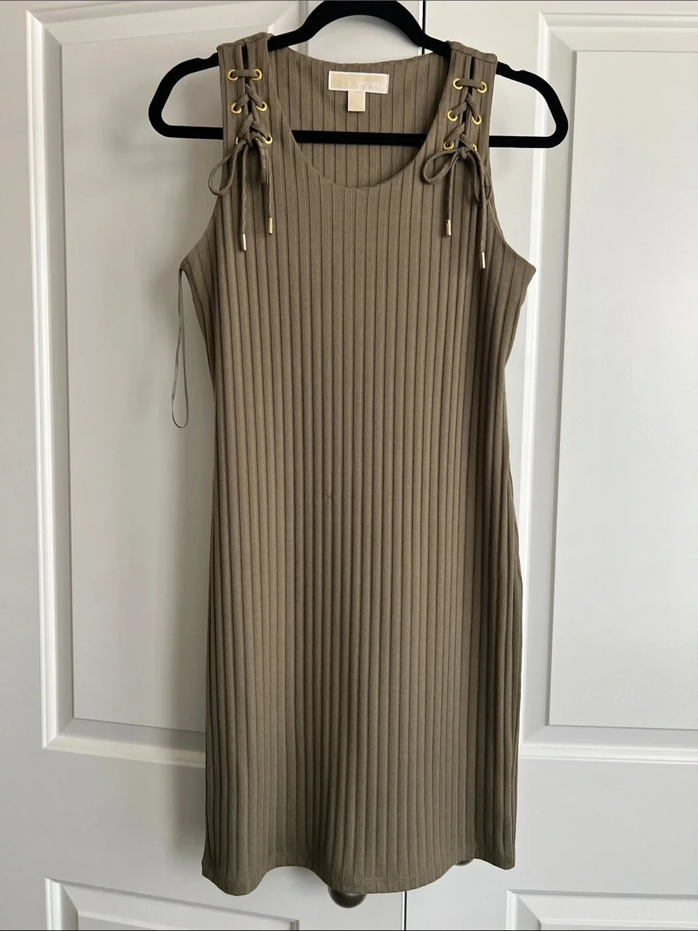 Michael Kors Olive Ribbed Lace-Up Shoulder Mini Dress